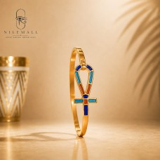 18K Gold Egyptian Ankh Bracelet with Colored Stones
