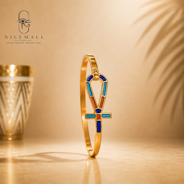 18K Gold Egyptian Ankh Bracelet with Colored Stones