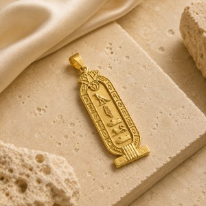 18K Gold Lotus Egyptian Cartouche Pendant