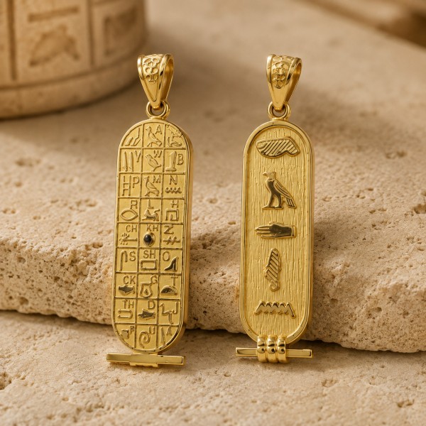 Egyptian Jewelry Double-Faced 18k Gold Cartouche with Alphabet Table and Notched Background