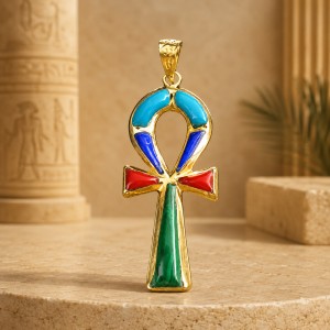 18k Gold Ankh Key Pendant with Multi-colored Stones