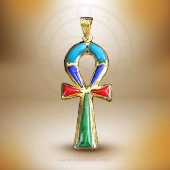 18k Gold Ankh Key Pendant with Multi-colored Stones