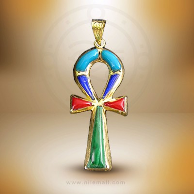 18k Gold Ankh Key Pendant with Multi-colored Stones 18k Gold Ankh Key Pendant with Multi-colored Stones