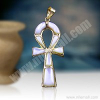 18K Gold Ankh Key Pendant Decorated with White Enamel