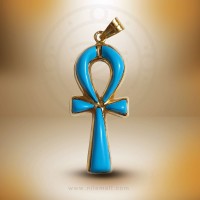 18K Gold Ankh Key Pendant Decorated with Turquoise Stones