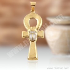 18K Gold Ankh Key Pendant with White Stone Scarab