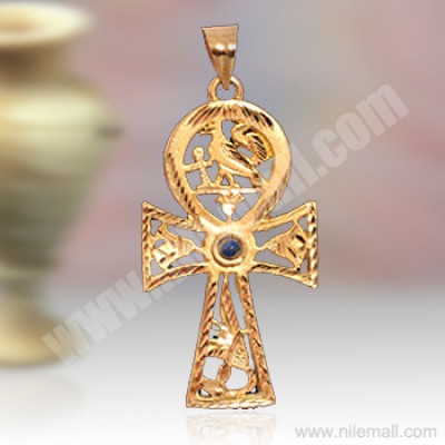 18K Gold Ankh Key Pendant with Lapis Stone