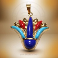 18k Gold Egyptian Lotus Pendant with Colored Stones