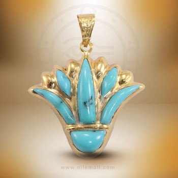 18K Gold Lotus Flower Pendant Filled with Turquoise Stones