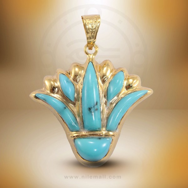 18K Gold Lotus Flower Pendant Filled with Turquoise Stones