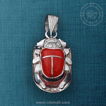 Silver Egyptian Scarab Pendant with Red Stone