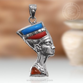 Nefertiti Silver Pendant with Red and Turquoise Stones