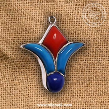 Three Leaves Silver Lotus Flower Pendant with Multi Colored Stones