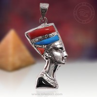 Double Face Silver Nefertiti Pendant with Red Turquoise and Black Stones