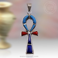 Silver Ankh Key Pendant with Red Dark Blue and Turquoise Stone